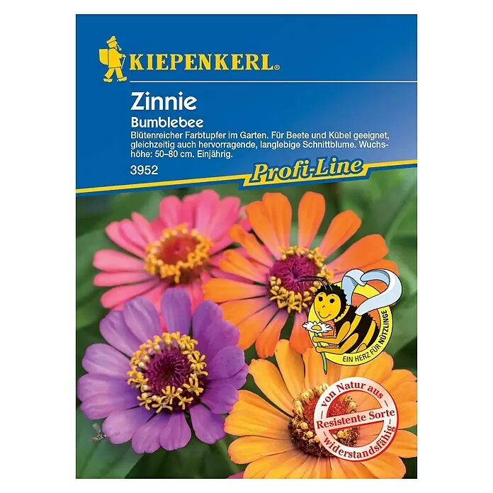 Kiepenkerl Profi-Line Blumensamen Zinnien - Zinnia elegans, Mehrfarbig, Saatzeit: März, Blütezeit: Juni - Kiepenkerl Zinnie Bumblebee Samenpackung mit bunten Blumen, Bienenlogo und deutschen Produktinfos.