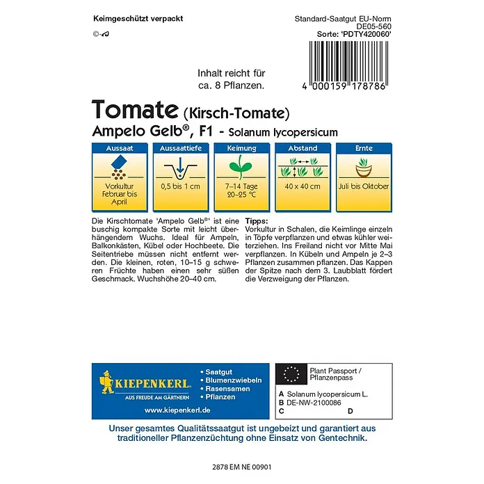 Kiepenkerl Profi-Line Gemüsesamen Kirschtomaten - Solanum lycopersicum, Saatzeit: Februar, Erntezeit: Juli - Bild einer Saatguttüte Kiepenkerl Ampelo Gelb® F1 Tomate.