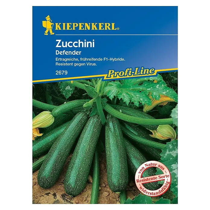 Kiepenkerl Profi-Line Gemüsesamen Zucchini Defender F1 - Cucurbita pepo, Saatzeit: April, Erntezeit: Juli - Zucchini Defender: Ertragreiche, frühe Sorte, resistent gegen Viren. Ideal für den Gartenanbau.