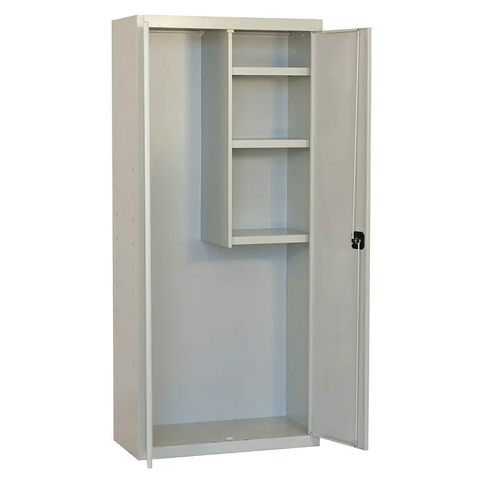 Simonrack Simonlocker Armario multiusos metálico Cabinet - L x An x Al: 40 x 80 x 180 cm, Gris, Número de puertas: 2 ud., Completamente montado - Armario metálico gris con puerta abierta que revela estantes y barra para colgar. Ideal para oficina o taller.