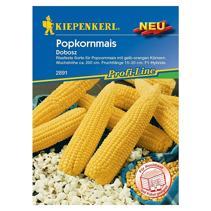 Kiepenkerl Profi-Line Gemüsesamen Popkornmais - Zea mays, Saatzeit: März, Erntezeit: September - Abbildung einer Samenpackung "Popkornmais Dobosz" von Kiepenkerl, einer widerstandsfähigen Popcornmaissorte mit gelb-orangen Körnern.