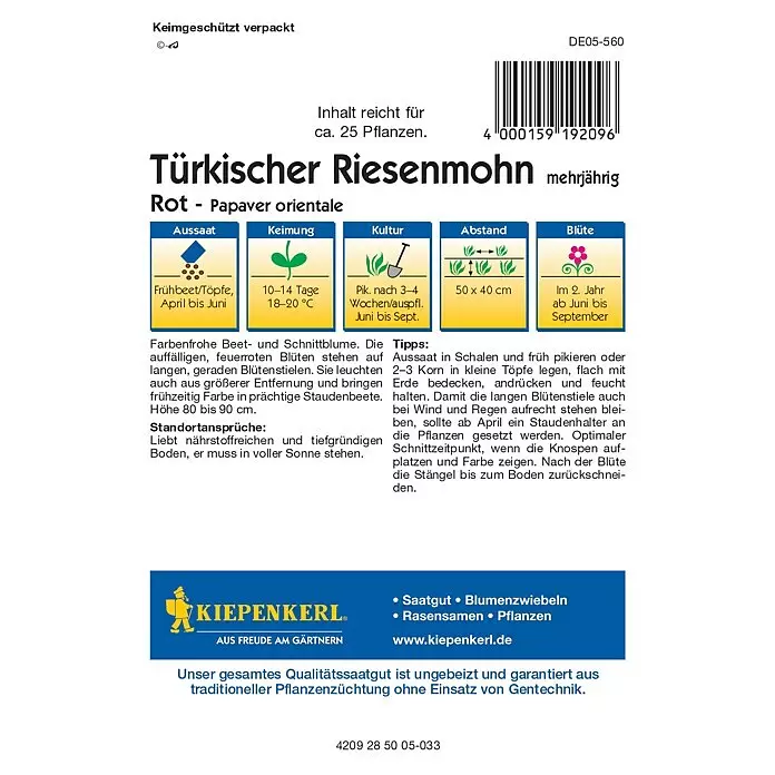 Kiepenkerl Profi-Line Blumensamen Türkischer Riesenmohn - Papaver orientale, Rot, Saatzeit: April, Blütezeit: Juni - Weißes Samenpäckchen für 'Türkischer Riesenmohn Rot' mit Aussaat- und Pflanzeninformationen.