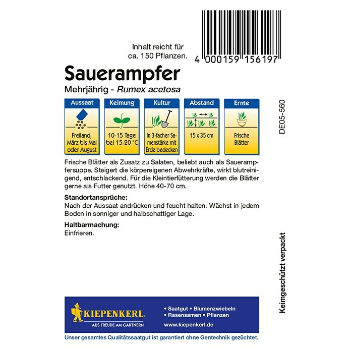 Kiepenkerl Gemüsesamen Sauerampfer (Rumex acetosa, Saatzeit: März, Erntezeit: Juni) | BAUHAUS