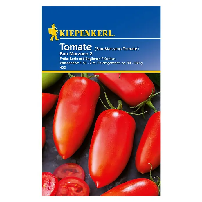 Kiepenkerl Gemüsesamen San-Marzano-Tomaten - Solanum lycopersicum, Saatzeit: Februar, Erntezeit: Juli - Abbildung der Samenpackung für San-Marzano-Tomaten, eine frühe Sorte mit länglichen Früchten, von Kiepenkerl.