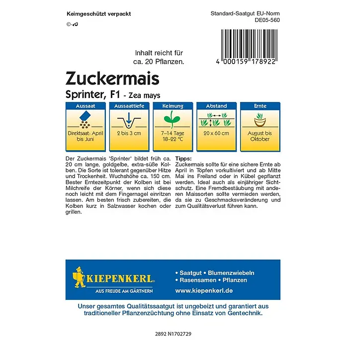Kiepenkerl Profi-Line Gemüsesamen Zuckermais - Zea mays, Saatzeit: April, Erntezeit: August - Abbildung der Verpackung von Kiepenkerl Zuckermais Sprinter F1 Samen, ideal für den Anbau von ca. 20 Pflanzen.