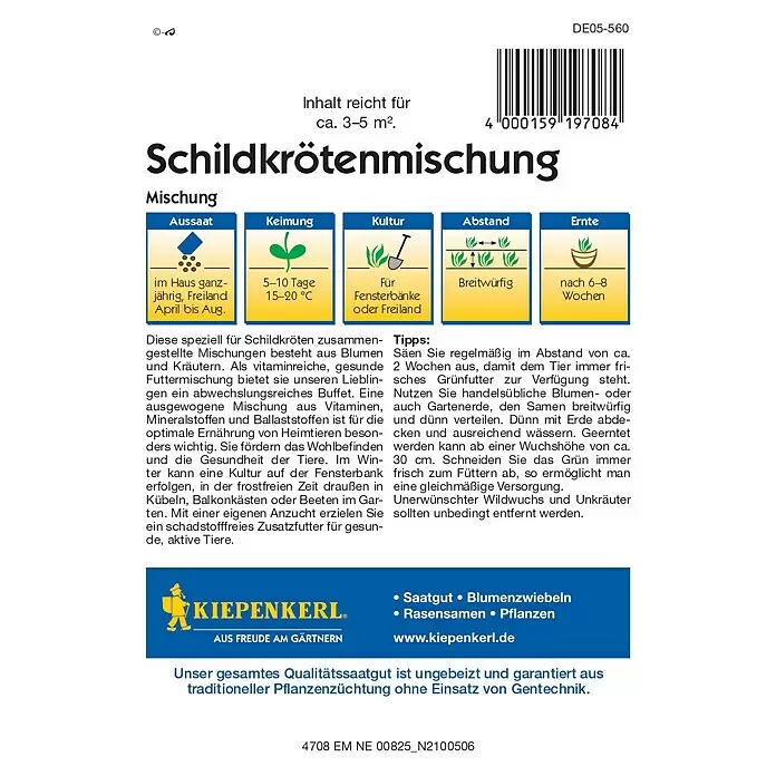 Kiepenkerl Profi-Line Kräutersamen Schildkröten-Mischung - Mischung, Saatzeit: Ganzjährig, Erntezeit: Mai - Kiepenkerl Samenpackung für Schildkrötenmischung, ein spezielles Saatgut aus Blumen und Kräutern als Futter für Schildkröten.
