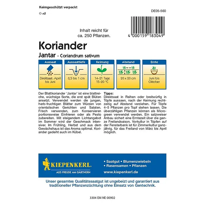 Kiepenkerl Profi-Line Kräutersamen Koriander - Coriandrum sativum, Saatzeit: April, Erntezeit: Juni - Bild einer Kiepenkerl-Samenpackung für Koriander 'Jantar' mit Aussaat- und Erntehinweisen.