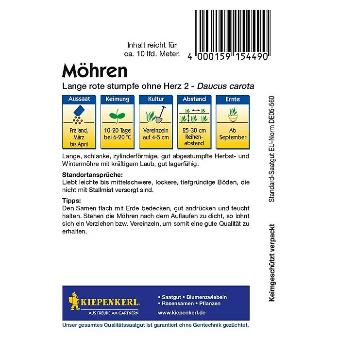 Kiepenkerl Gemüsesamen Möhren - Daucus carota ssp. sativus, Saatzeit: März, Erntezeit: September - KIEPENKERL Möhrensamentüte mit detaillierten Pflanzanweisungen für die Sorte 'Lange rote stumpfe ohne Herz 2'.