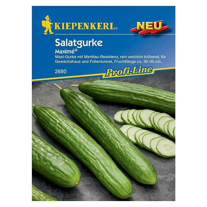 Kiepenkerl Profi-Line Gemüsesamen Salatgurken Maximé® - Cucumis sativus, Saatzeit: März, Erntezeit: Juli - Abbildung einer Packung Salatgurken-Samen der Sorte 'Maximé' von Kiepenkerl, mit dem Hinweis 'NEU' und der Bezeichnung 'Profi-Line'.