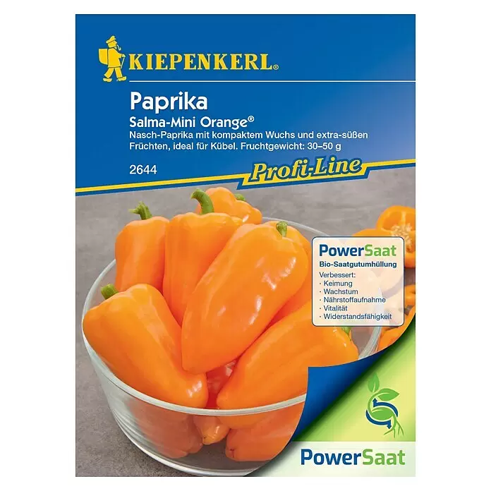 Kiepenkerl Profi-Line Gemüsesamen Paprika PowerSaat - Capsicum annuum, Saatzeit: Februar, Erntezeit: Juli - Samenpackung KIEPENKERL Paprika Salma-Mini Orange, zeigt eine Schale leuchtend oranger Mini-Paprika.