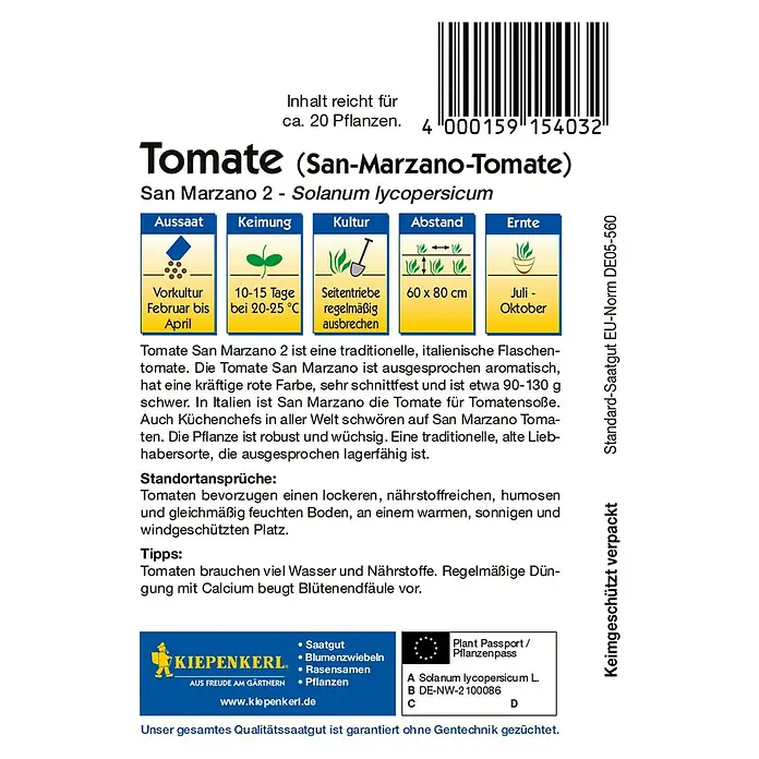 Kiepenkerl Gemüsesamen San-Marzano-Tomaten - Solanum lycopersicum, Saatzeit: Februar, Erntezeit: Juli - Abbildung einer Saatguttüte für San-Marzano-Tomaten, einer traditionellen italienischen Sorte, ideal für Saucen.