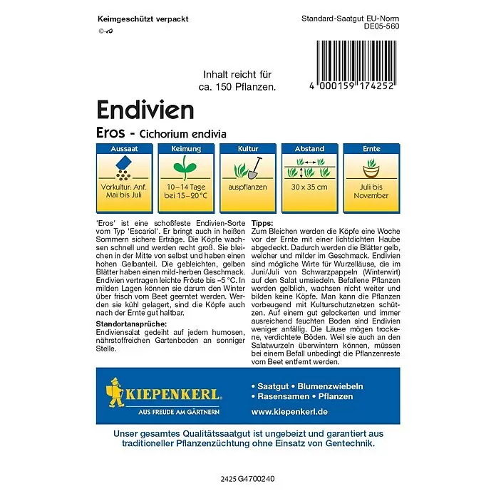 Kiepenkerl Profi-Line Salatsamen Endivien - Cichorium endivia, Erntezeit: Juli - KIEPENKERL Endivien 'Eros' Saatgutpackung, Cichorium endivia, ausreichend für ca. 150 Pflanzen.