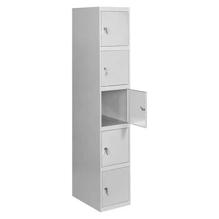 Simonrack Simonlocker Taquilla locker Prof. Doors - L x An x Al: 50 x 30 x 180 cm, Gris/Gris, Número de puertas: 5 ud. - Imagen de un armario de taquillas gris con cinco compartimentos, uno abierto, ideal para oficina o vestuario.