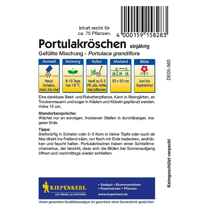 Kiepenkerl Blumensamen Portulakröschen - Portulaca grandiflora, Mehrfarbig, Saatzeit: März, Blütezeit: Juni - Abbildung der Verpackung von Portulakröschen-Samen, die Informationen zu Aussaat, Keimung, Kultur und Blütezeit enthält.