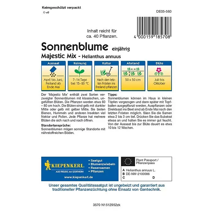 Kiepenkerl Profi-Line Blumensamen Sonnenblumen - Helianthus annuus, Gelb, Saatzeit: April, Blütezeit: Juli - Samenpäckchen für Sonnenblume 'Majestic Mix' (Helianthus annuus) mit Pflanzanleitung und KIEPENKERL-Logo.