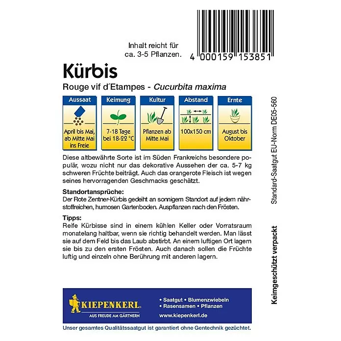 Kiepenkerl Gemüsesamen Kürbis - Cucurbita maxima, Saatzeit: April, Erntezeit: August - Kürbis-Saatgutpackung der Sorte 'Rouge vif d'Étampes' mit Pflanzanweisungen und Kiepenkerl-Logo.