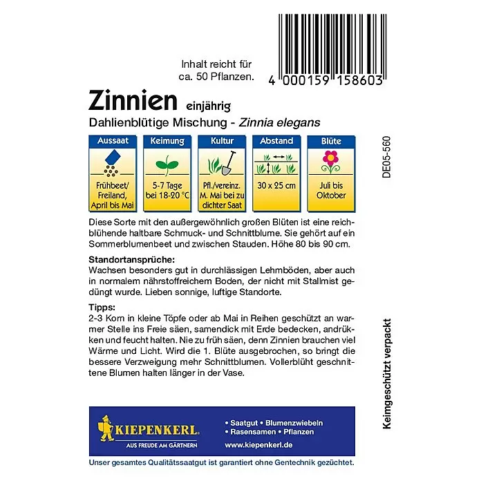 Kiepenkerl Blumensamen Zinnien - Zinnia elegans, Mehrfarbig, Saatzeit: April, Blütezeit: Juli - Zinnien-Samenpackung mit detaillierten Anbauanleitungen für Aussaat, Keimung und Pflege, inklusive Kiepenkerl-Marke und Barcode.