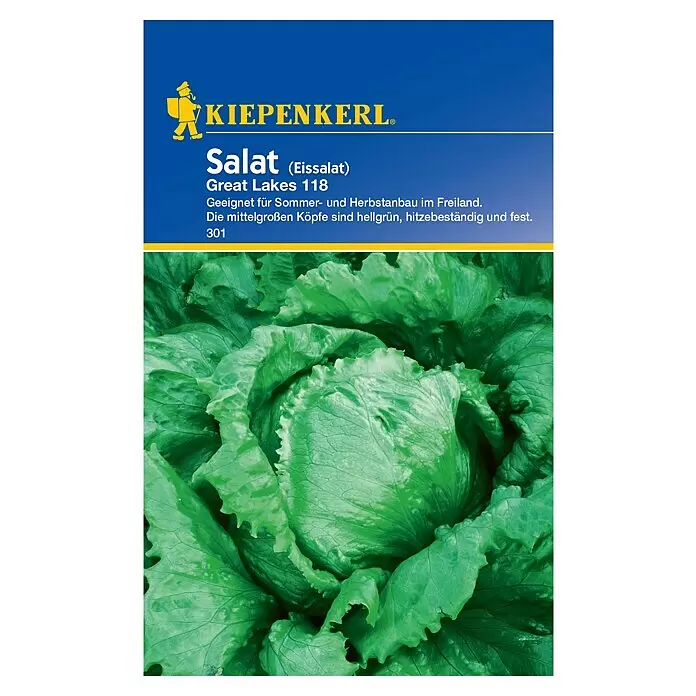 Kiepenkerl Salatsamen Eissalat - Lactuca sativa, Erntezeit: Mai, 1 g - Kiepenkerl Eissalat 'Great Lakes 118' Samensäckchen: blaues Design mit grünem Salatkopf. Für Sommer-/Herbstanbau, hitzebeständig, fest.