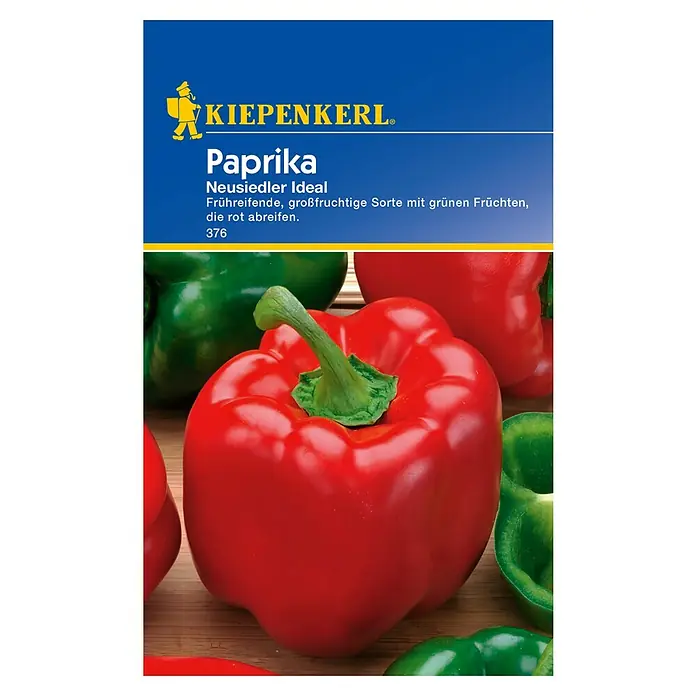 Kiepenkerl Gemüsesamen Paprika - Capsicum annuum, Saatzeit: Februar, Erntezeit: Juli - Samenpackung "Paprika Neusiedler Ideal" von Kiepenkerl mit reifen, roten und grünen Paprikaschoten. Eine frühreife und grossfruchtige Sorte.