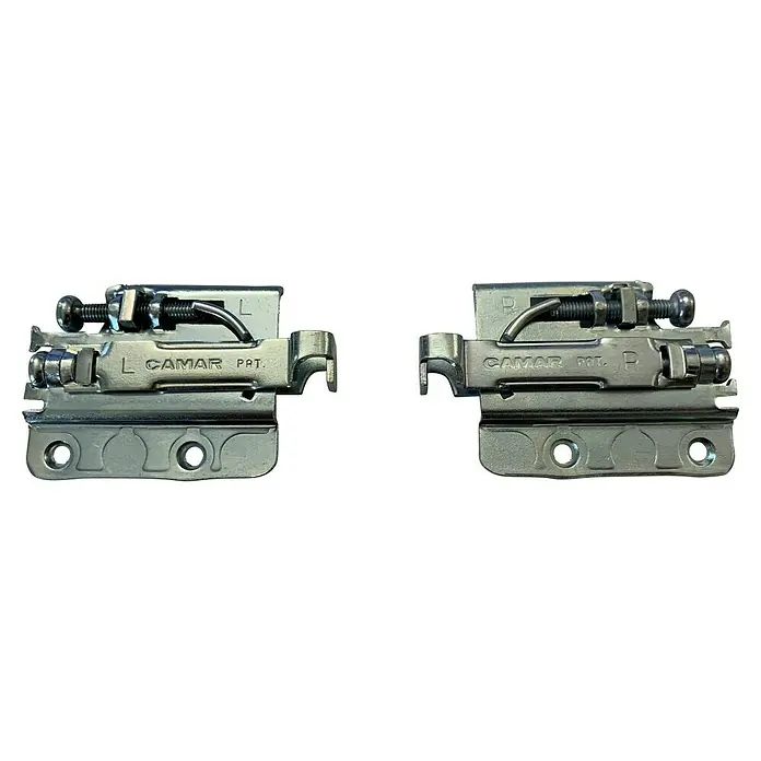 Suki Herraje para colgar armarios - L x An: 10 x 55 mm - La imagen muestra un conjunto de colgadores para muebles CAMAR, con versiones izquierda y derecha, diseñados para un montaje seguro y estable.