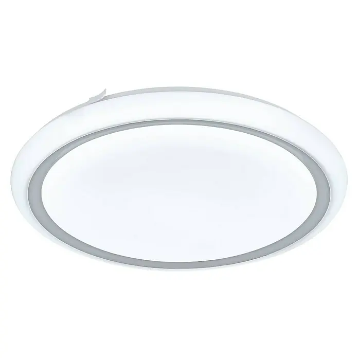 Eglo LED-Deckenleuchte Frantoio - Ø x H: 38 x 6 cm, Weiß, Weiß/Chrom, Warmweiß, Kunststoff, Stahl - Eine moderne, runde Deckenleuchte mit einem weißen Diffusor und einem grauen Zierrand, die eine elegante Beleuchtungslösung bietet.