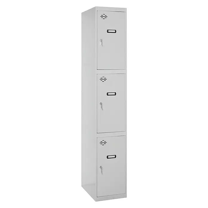 Simonrack Simonlocker Taquilla locker Prof. Doors - L x An x Al: 50 x 30 x 180 cm, Número de puertas: 3 ud. - Un armario metálico gris de tres niveles con llaves en cada puerta, perfecto para guardar objetos en escuelas o gimnasios.