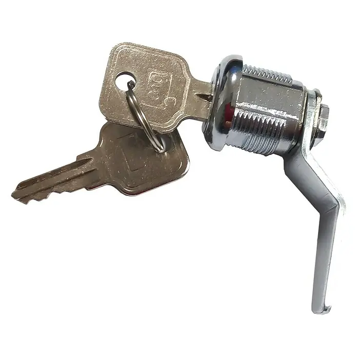 Simonrack Simonlocker Cerradura de cilindro - Específico para: Llave amaestrada - Una cerradura de gabinete plateada con dos llaves. La cerradura es cilíndrica y tiene un mecanismo de palanca.