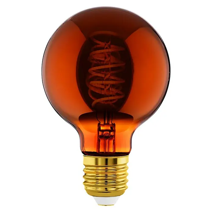 Eglo LED-Lampe G 80 - E27, Dimmbar, Warmweiß, 30 lm, 4 W - Nahaufnahme einer dekorativen, bernsteinfarbenen Edison-Glühbirne mit einem spiralförmigen Glühfaden und einem goldenen Sockel vor schwarzem Hintergrund.
