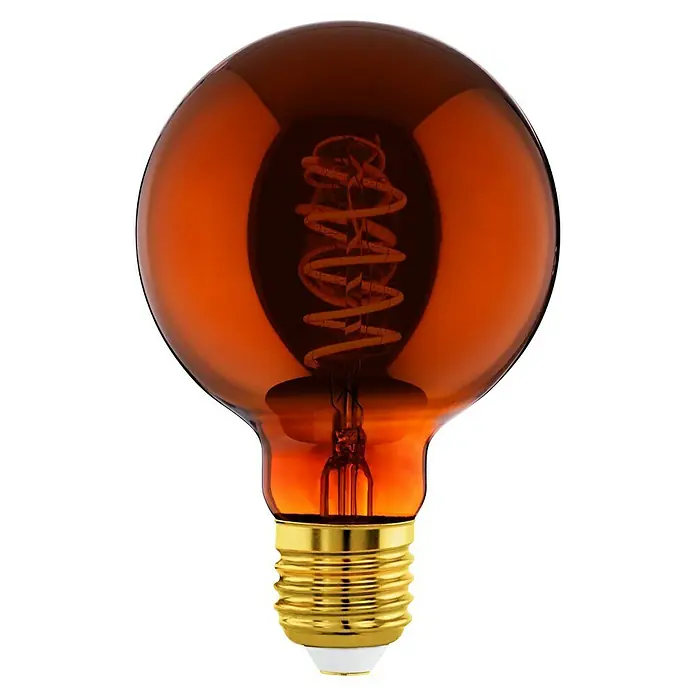 Eglo Bombilla LED - E27, Intensidad regulable, Blanco cálido, 30 lm, 4 W - Primer plano de una bombilla LED decorativa naranja con base dorada y filamento visible.