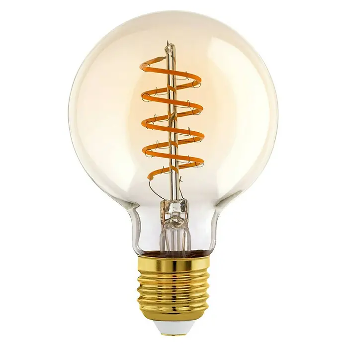 Eglo LED-Lampe - E27, Dimmbar, Warmweiß, 245 lm, 4 W - Nahaufnahme einer dekorativen Edison-Glühbirne mit einem spiralförmigen Glühfaden und einem goldenen Sockel vor einem schwarzen Hintergrund.