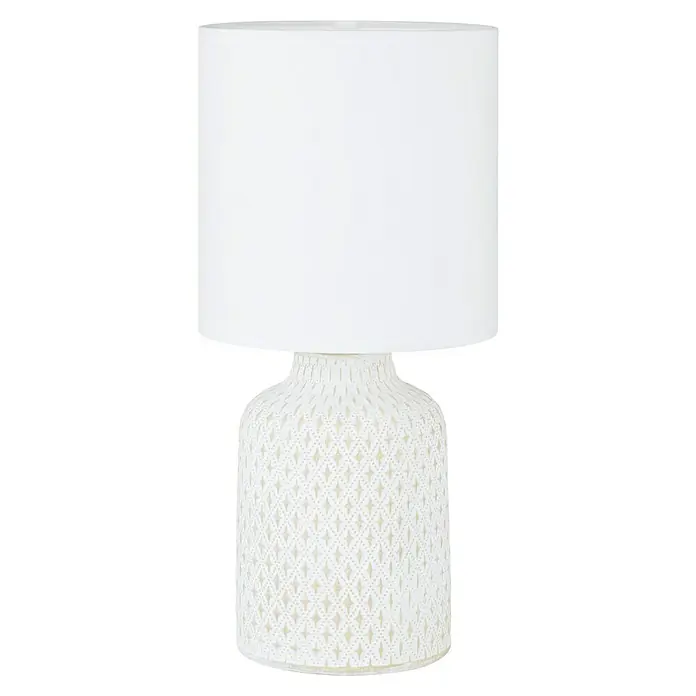 Eglo Lámpara de sobremesa redonda Bellariva - 40 W, Ø x Al: 15 x 32 cm, Blanco/Crema, E27 - Elegante lámpara de mesa con pantalla blanca y base de cerámica decorativa estampada, que añade un toque elegante a cualquier habitación.\n