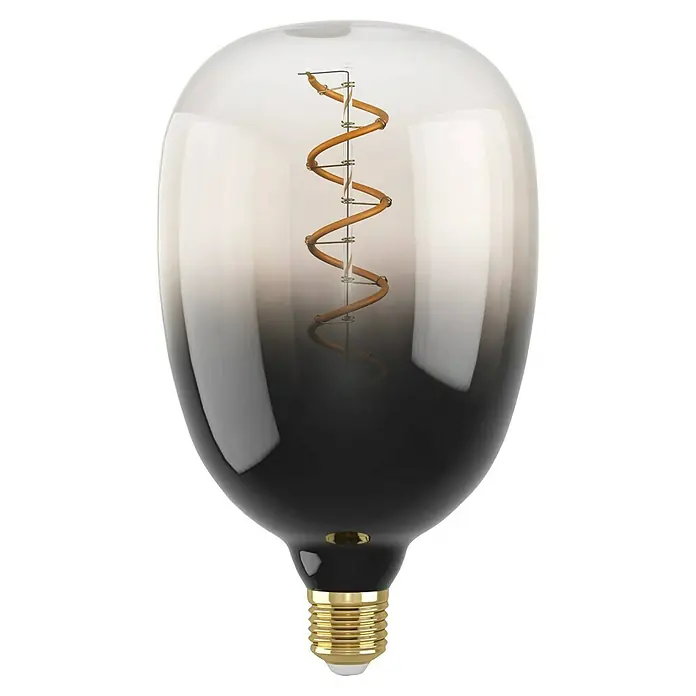 Eglo LED-Lampe T 120 - E27, Dimmbar, Warmweiß, 4 W, Farbe: Smoky - Nahaufnahme einer dekorativen LED-Glühbirne mit einem eleganten, spiralförmigen Filament und einem abgestuften Farbverlauf von klar zu schwarz.