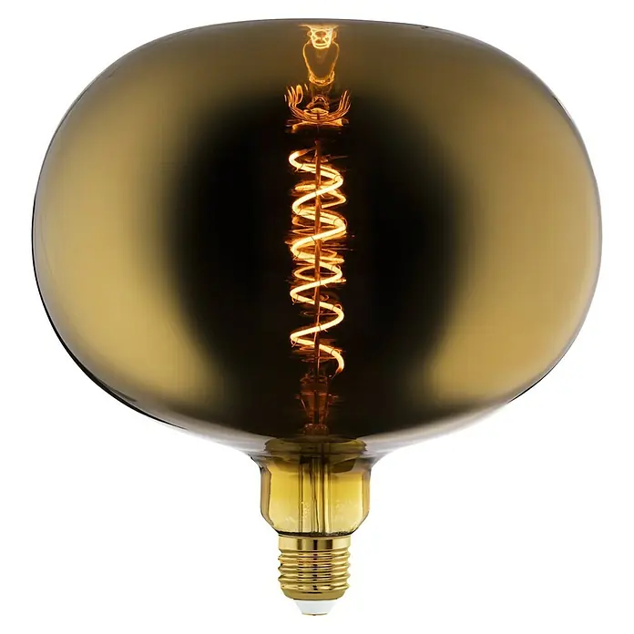 Eglo LED-Lampe Apple - E27, Dimmbar, Warmweiß, 40 lm, 4 W, Farbe: Gold - Nahaufnahme einer großen, bernsteinfarbenen Glühbirne mit einem spiralförmigen Glühfaden, die ein warmes Licht ausstrahlt.\n