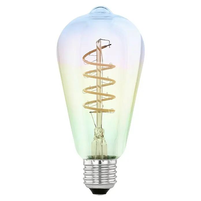 Eglo LED-Lampe Irisierend ST64 - E27, Dimmbar, Warmweiß, 200 lm, 4 W - Nahaufnahme einer dekorativen Edison-Glühbirne mit spiralförmigem Glühfaden, die warmes Licht ausstrahlt und eine Vintage-Atmosphäre erzeugt.