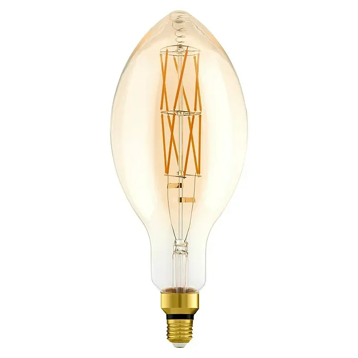 Eglo LED-Lampe E140 - E27, Dimmbar, Warmweiß, 806 lm, 8 W - Nahaufnahme einer dekorativen Edison-Glühbirne mit Wendel und goldfarbenem Sockel, die warmes Licht ausstrahlt.