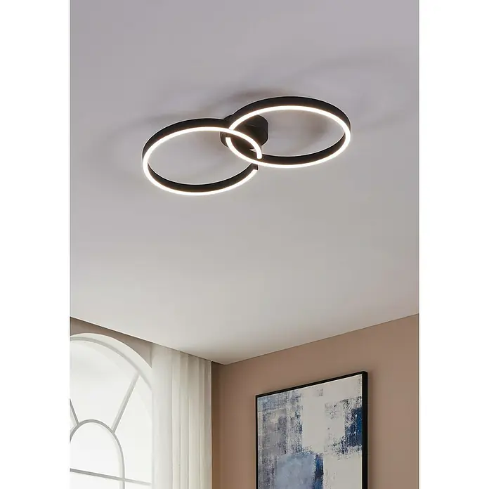 Eglo LED-Deckenleuchte Amandolo19,5 W, L x B x H: 67 x 38 x 6,5 cm, Schwarz, RGB - Moderne Deckenleuchte mit zwei ineinandergreifenden Ringen und integriertem LED-Band für eine elegante und energieeffiziente Beleuchtung.