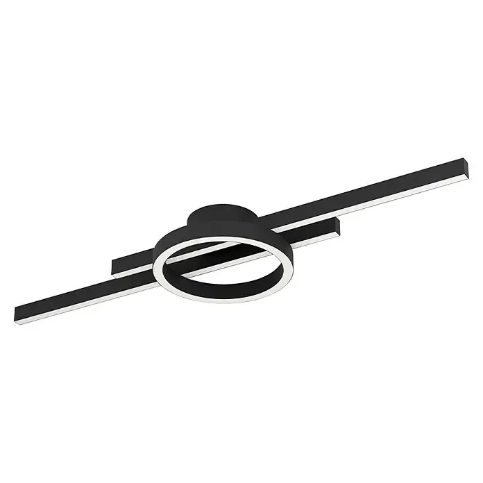 Eglo LED-Deckenleuchte Amandolo - 19,5 W, L x B x H: 775 x 200 x 75 mm, Lichtfarbe: RGB, Schwarz/Weiß - Eine moderne LED-Deckenleuchte in Schwarz mit einem kreisförmigen Designelement und zwei linearen Lichtbändern, die ein helles, indirektes Licht erzeugt.