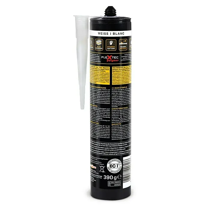 Pattex Montagekleber Kleben statt Bohren Express - 390 g, Kartusche, Lösemittelfrei - Bild eines Flextec Polymer Klebstoffs, ideal für diverse Materialien, mit starker Haftung und Wasserbeständigkeit.
