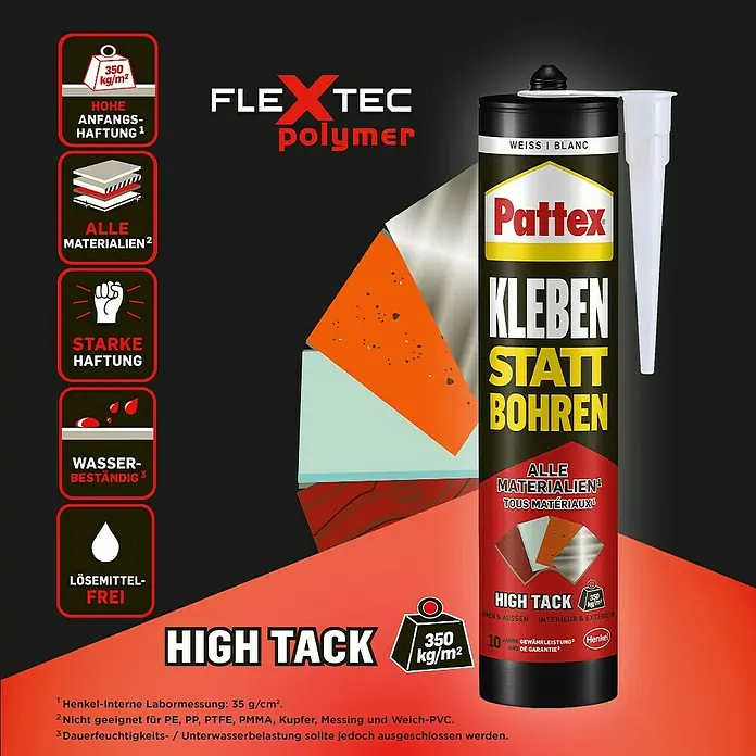 Pattex Montagekleber Kleben statt Bohren High Tack - 440 g, Lösemittelfrei - Produktbild der Pattex Kleben statt Bohren Kartusche, ein starker Montagekleber für verschiedene Materialien.