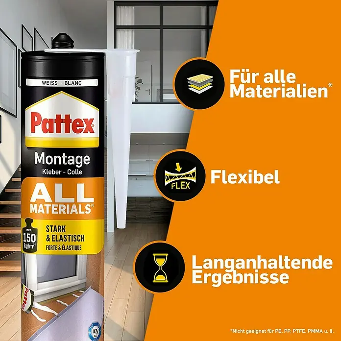 Pattex Montagekleber All Materials - 495 g - Produktbild von Pattex Montage All Materials Kleber, einem vielseitigen und starken Montagekleber für verschiedenste Materialien.