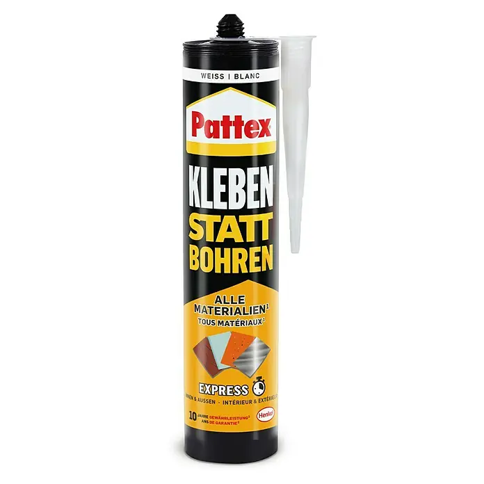 Pattex Montagekleber Kleben statt Bohren Express - 390 g, Kartusche, Lösemittelfrei - Pattex Kleben statt Bohren, ein starker Montagekleber für verschiedenste Materialien, ideal für schnelle und dauerhafte Verbindungen im Innen- und Außenbereich.