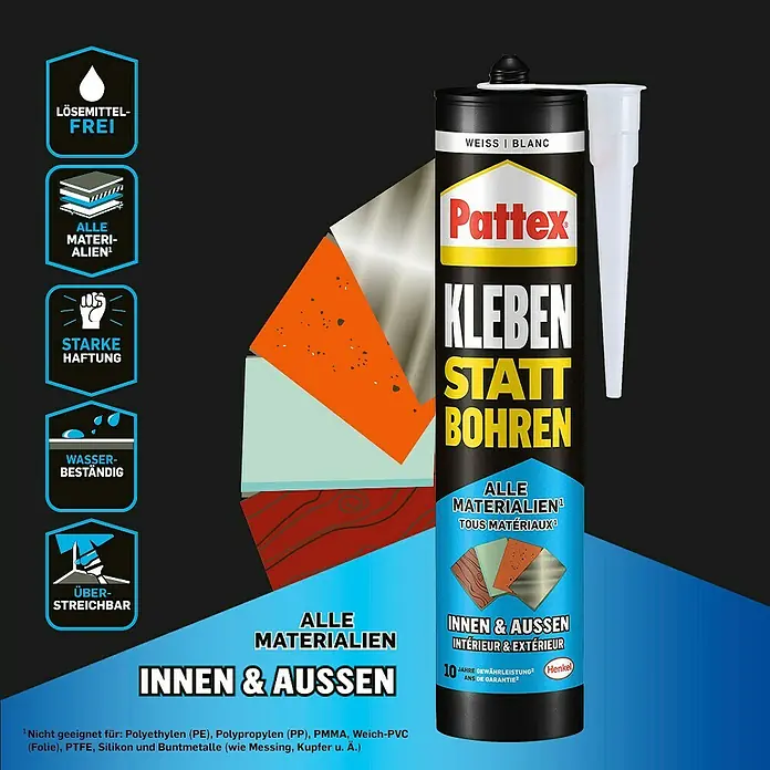Pattex Montagekleber Kleben statt Bohren Innen & Außen - 450 g, Kartusche - Pattex Kleben statt Bohren: Universeller Montagekleber für Innen- und Außenbereiche, lösemittelfrei und wasserbeständig.