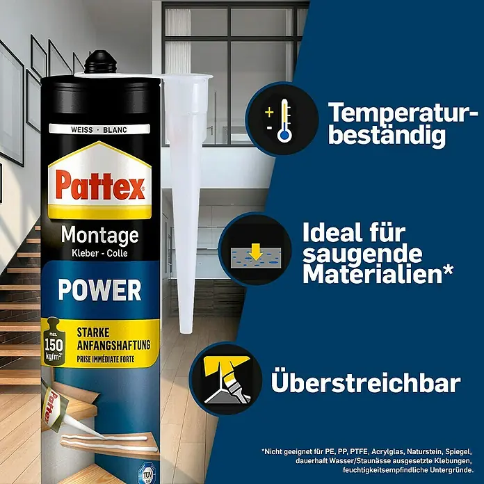 Pattex Montagekleber Power - 370 g, Kartusche - Produktbild von Pattex Montage Power Kleber. Der Kleber ist temperaturbeständig, ideal für saugende Materialien und überstreichbar.