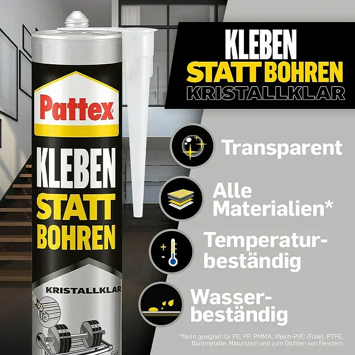 Pattex Kleben statt Bohren Montagekleber Kristallklar - 290 g, Kartusche, Lösemittelfrei - Pattex Kleben Statt Bohren: Ein kristallklarer, transparenter Klebstoff für verschiedene Materialien, temperaturbeständig und wasserfest.