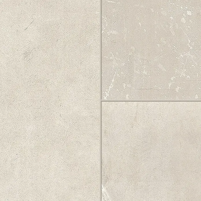 Classen Laminat Visiogrande - Infinity creme, 604 x 280 x 8 mm - Nahaufnahme von drei hellbeigen Bodenfliesen mit subtilen Texturen und Fugen, die ein elegantes und modernes Design für Innenräume zeigen.
