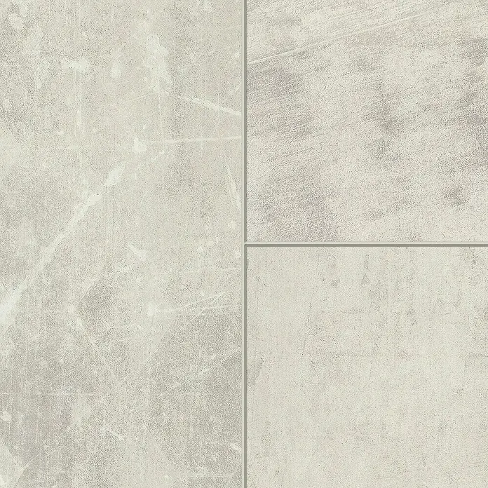 Classen Laminat Visiogrande - Modern bright, 604 x 280 x 8 mm - Das Bild zeigt eine Nahaufnahme von drei hellgrauen Keramikfliesen mit einer dezenten Betonoptik und feinen Texturen für ein modernes Design.