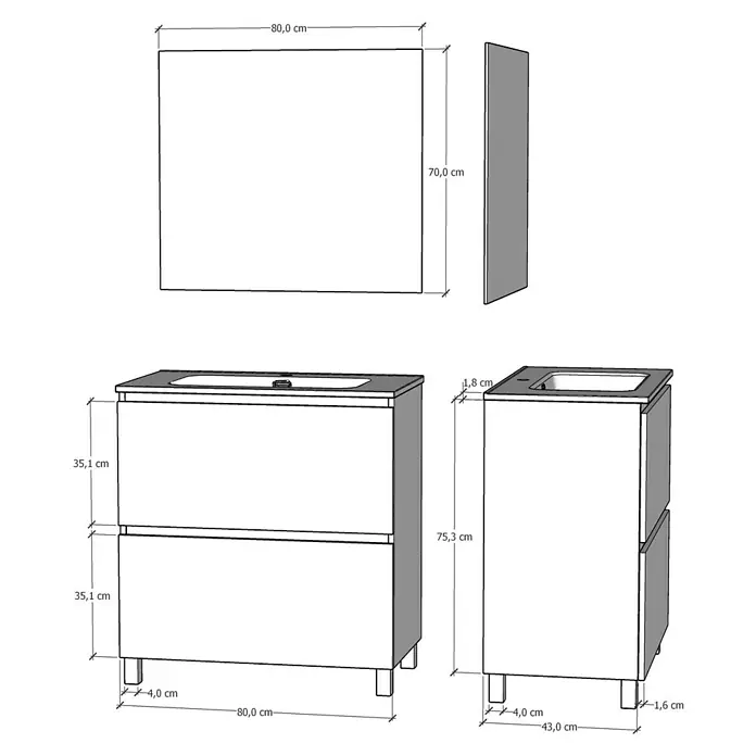 Artysan Conjunto de mueble de baño Late - Ancho: 80 cm, Blanco, 3 pzs. - Imagen de un mueble de baño con espejo y las dimensiones correspondientes.