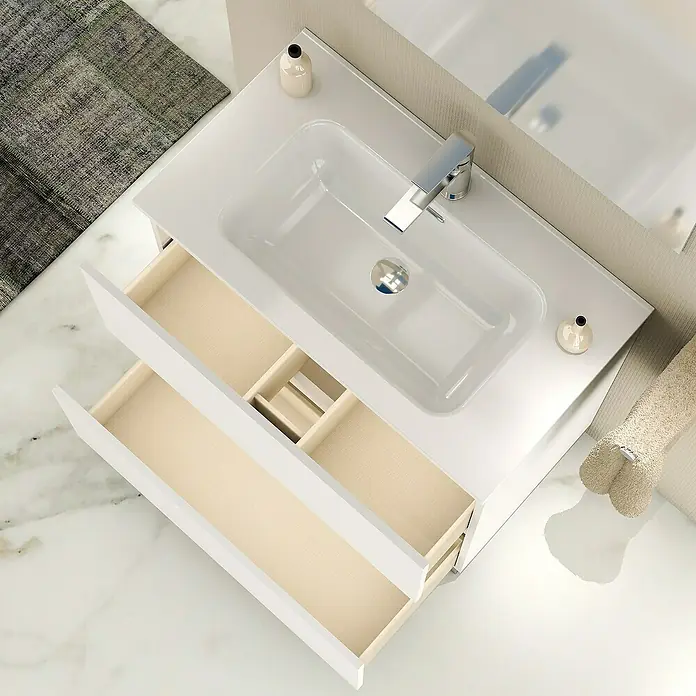 Artysan Conjunto de mueble de baño Late - Ancho: 80 cm, Blanco, 3 pzs. - Toma cenital de un tocador de baño moderno con sistema de cajones abiertos, lavabo blanco y grifo. Diseño elegante para baños con estilo.