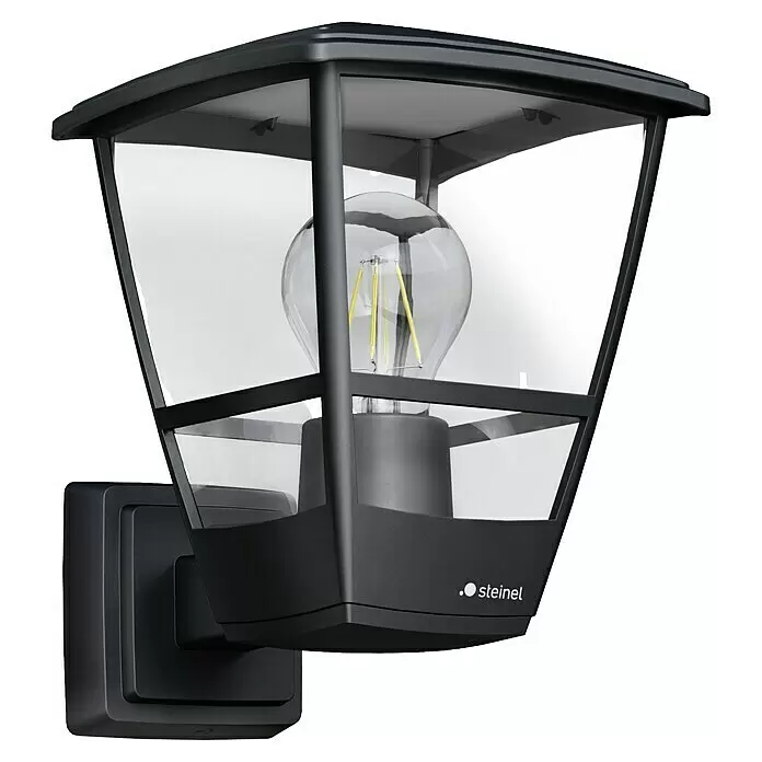 Steinel Außenwandleuchte L 10 SSW - IP44, Bewegungsmelder, L x B x H: 22,4 x 17,5 x 25,5 cm - Schwarze Wandaußenleuchte mit klarer Glasscheibe und LED-Filamentlampe, an einer Wandhalterung montiert.
