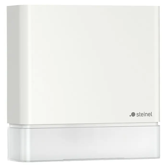 Steinel Sensor de movimiento IS 180 Digi Basic - Blanco, L x An x Al: 4,2 x 11,6 x 11,6 cm - Primer plano de una lámpara de exterior blanca de Steinel, ideal para iluminar las paredes de casas.